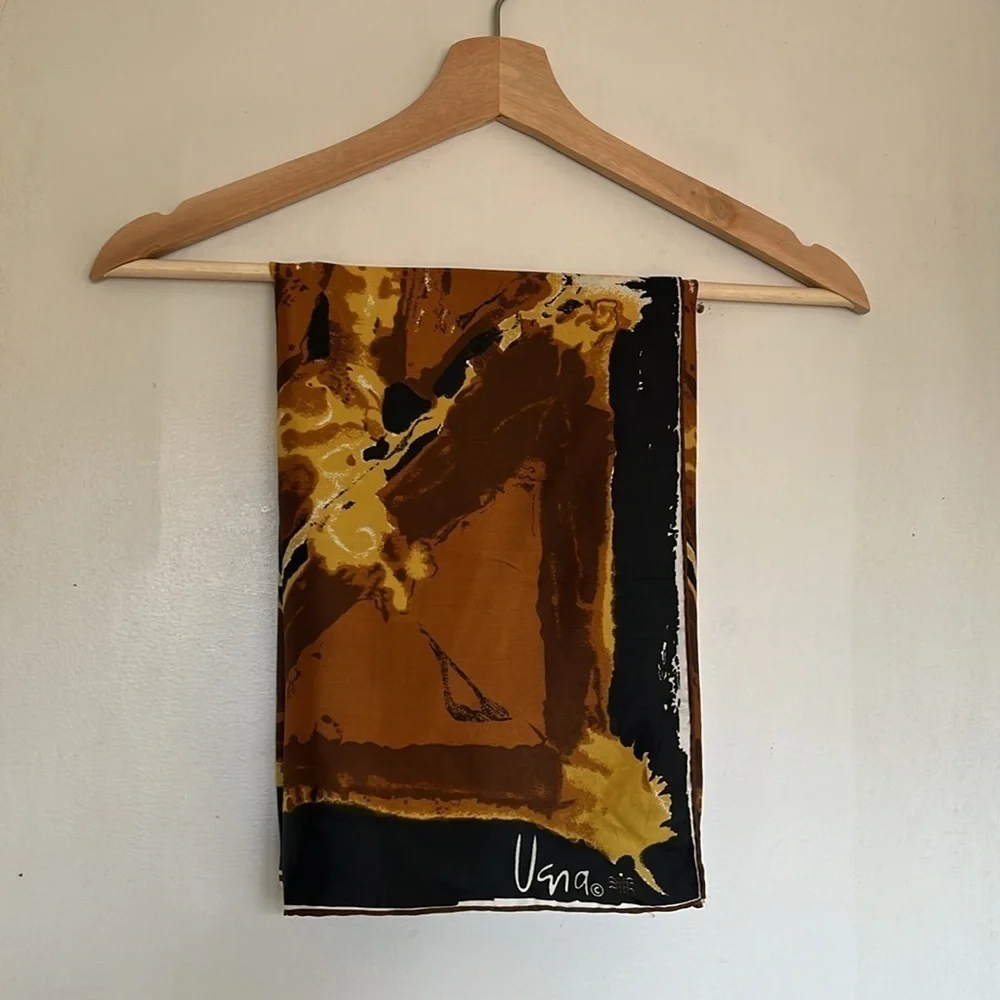 Vintage Vera Neumann Silk Blend Scarf Abstract Kaleidoscope Brown Gold Square